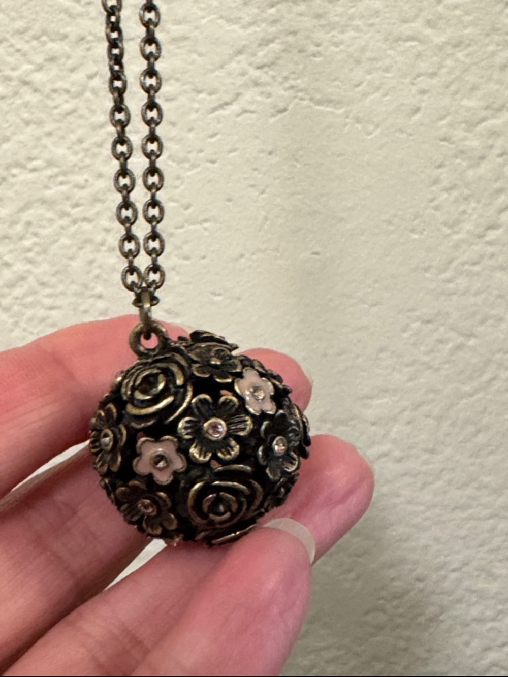 Floral Sphere Pendant Necklace in Antique Brass Finish